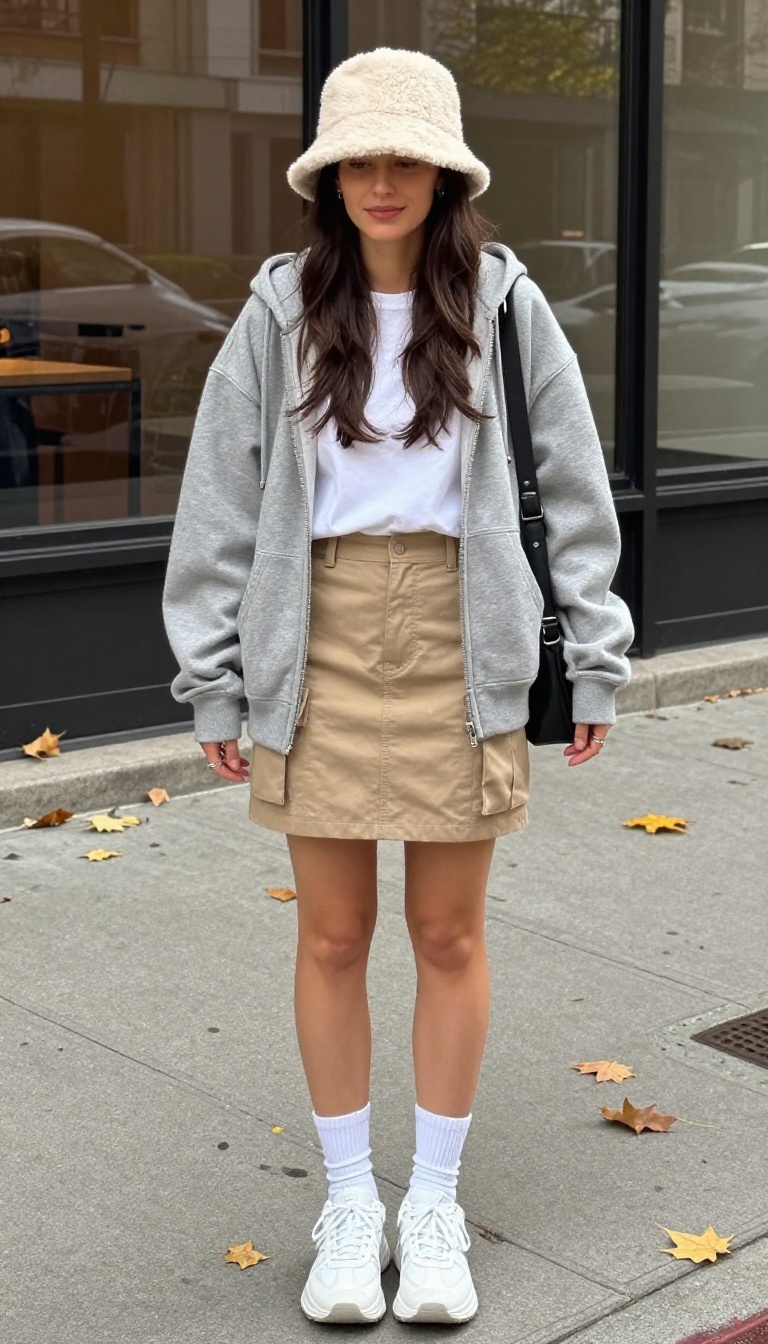 11. Fluffy Bucket Hat With a Zip-Up Hoodie and Cargo Skirt