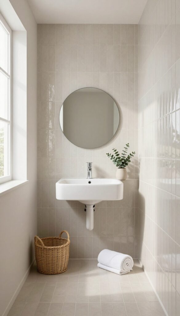 Bright small bathroom with vertically stacked rectangular neutral tiles stretching from floor to ceiling behind a floating sink and round mirror, making the space feel taller and calmer.