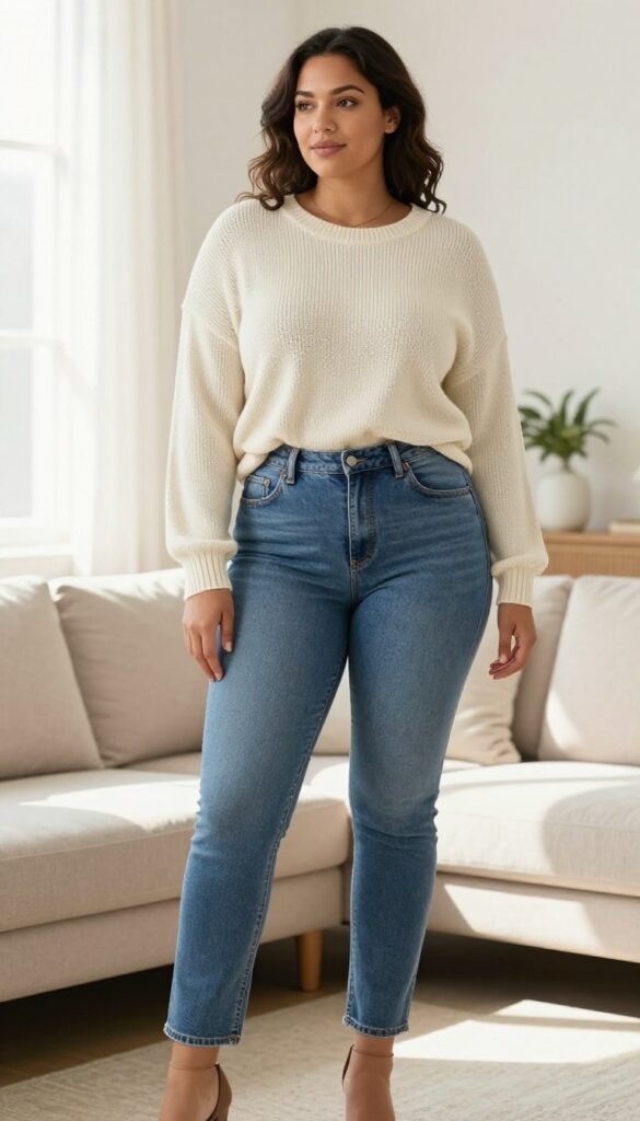 Plus-size woman wearing high-waisted mid-wash jeans and a soft oversized cream knit top tucked in at the front, standing in a bright living room with natural light