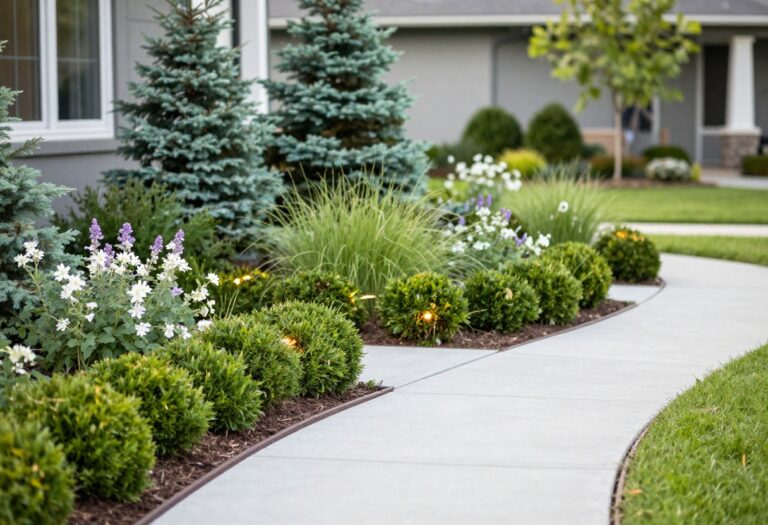 Landscaped front yard with a defined paver entry path, layered plants by height, and a lush green lawn in bright natural light