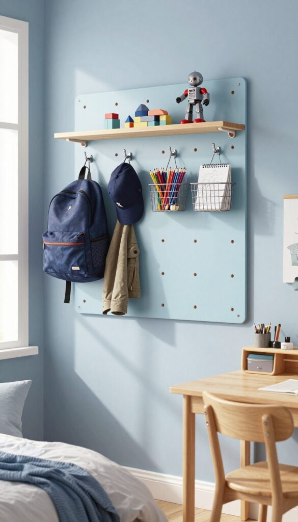 A bright boy's bedroom with a wall painted pegboard activity wall holding metal hooks, baskets of art supplies, and a small shelf, blending into the blue wall under natural light.