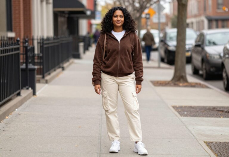 Woman wearing a brown velour zip-up hoodie, white baby tee, cream cargo pants, and chunky sneakers for a fall Y2K outfit.