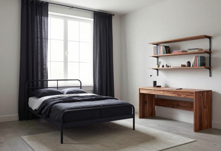 Industrial-style teenage boy's bedroom with a black metal bed frame, wooden desk, open metal shelves, dark bedding, and bright natural light