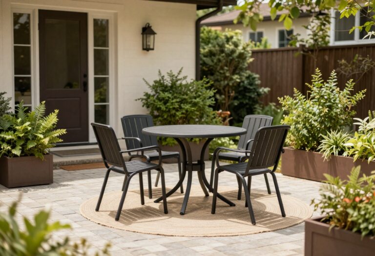 Cozy front yard bistro patio with two chairs and a small table beside a home entrance