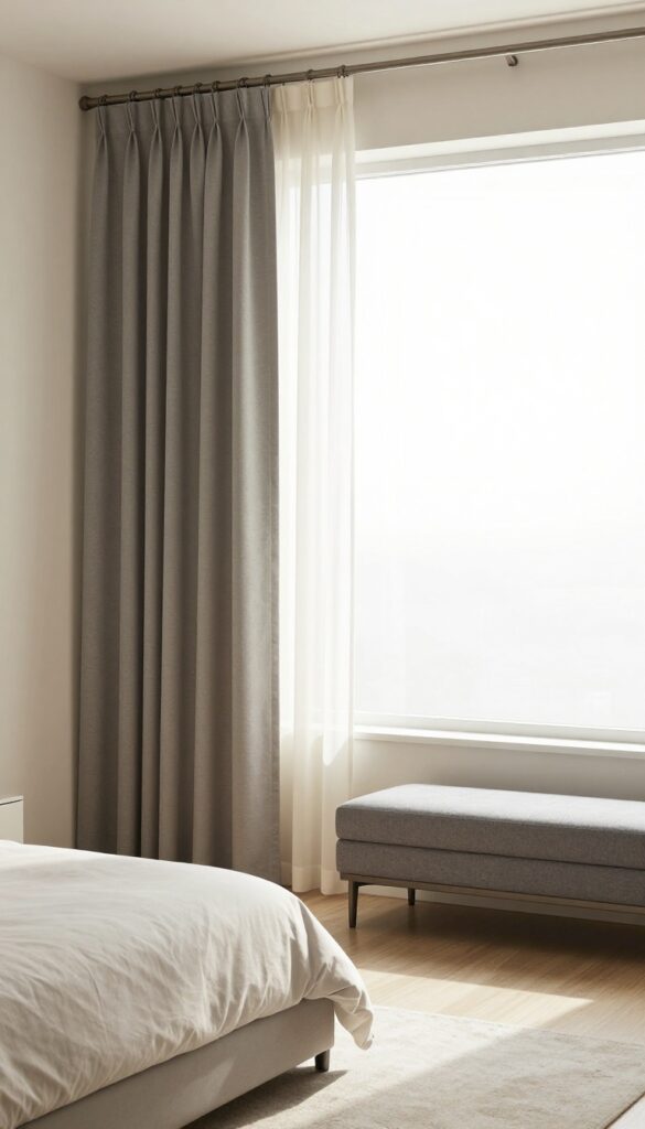 Bright bedroom with cream and gray two-tone curtains hung high beside a neatly made neutral bed, adding subtle contrast and dimension.