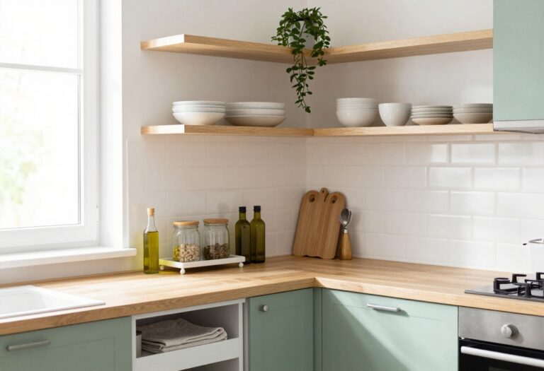 Bright small kitchen corner with a slim rolling cart used as a mini pantry beside light wood counters and open shelves
