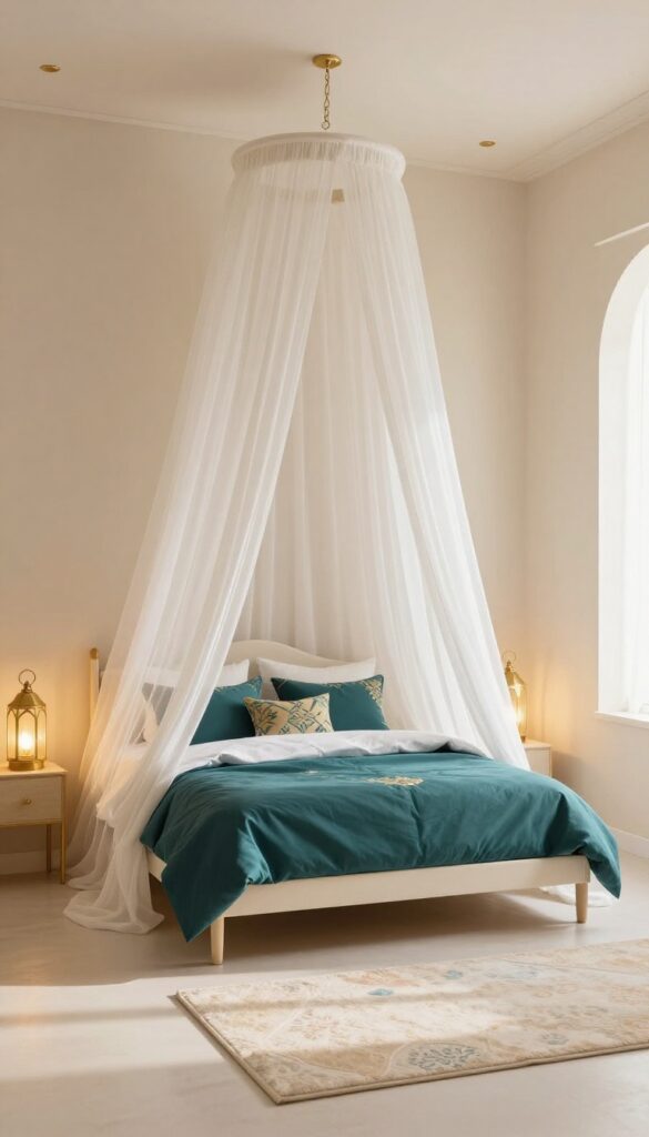 Bright child's bedroom with neutral beige walls, teal bedding, patterned teal and gold throw pillows, sheer canopy curtains, and warm golden lantern-style lamps for a Jasmine-inspired Arabian Nights look.