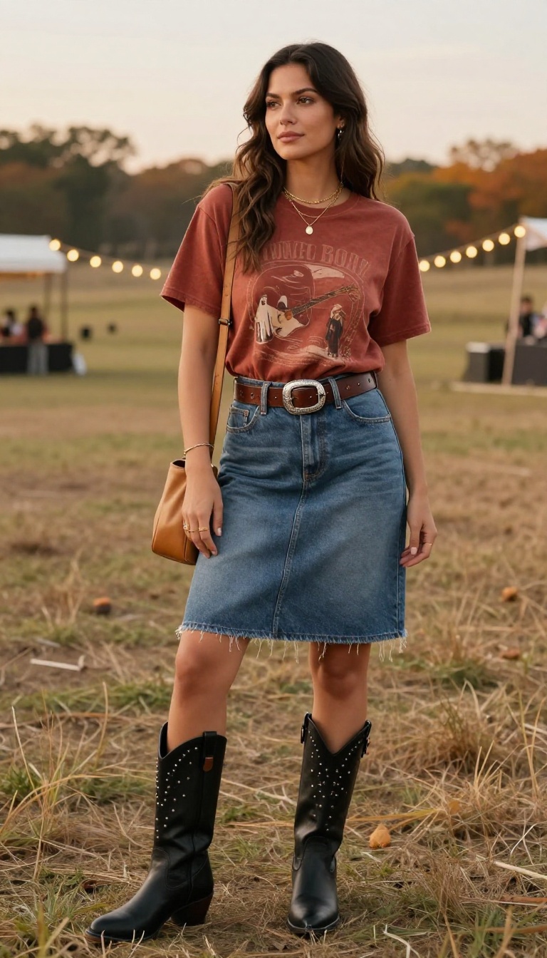 6. Graphic Tee and Denim Skirt with Western Belt