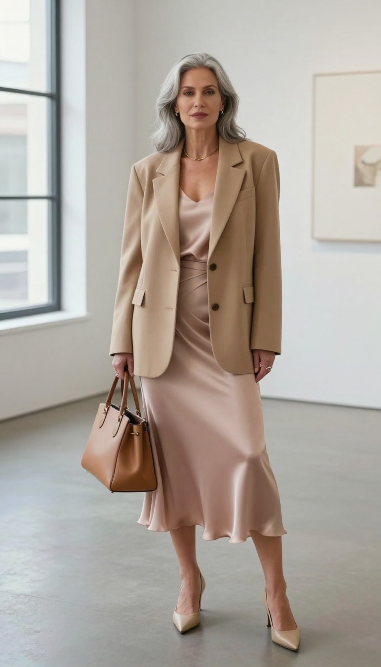 2. Power Shoulders, Soft Touch: Blazer & Silk Skirt