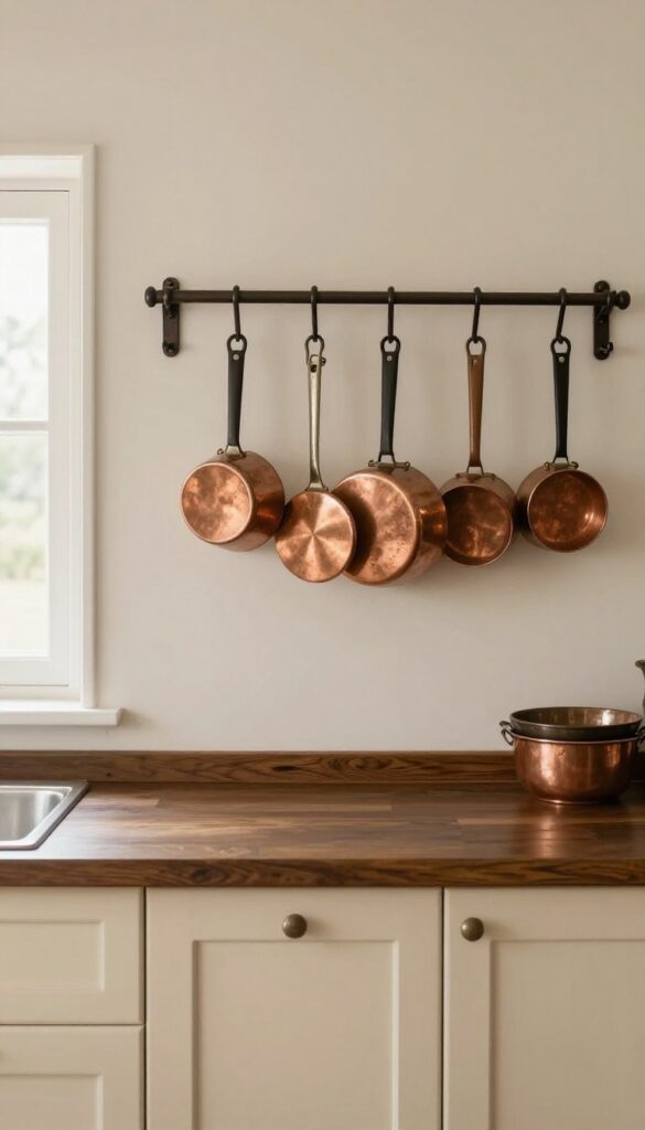A vintage kitchen wall with a small collection of slightly tarnished copper pots and utensils hanging from a dark iron rack, lit by bright natural light against cream cabinets and dark wood shelves.
