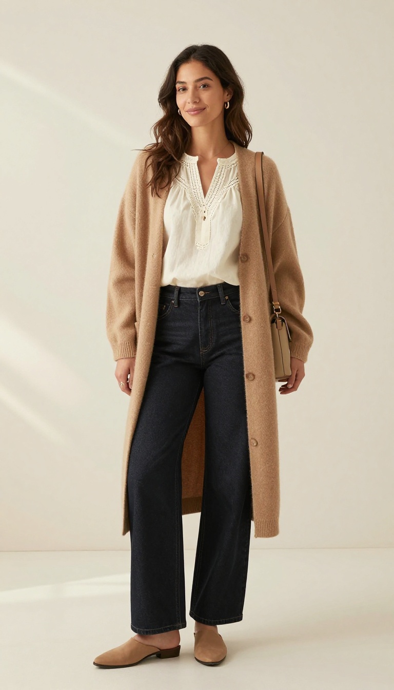 11. Embroidered Blouse with Wide-Leg Jeans and Mules