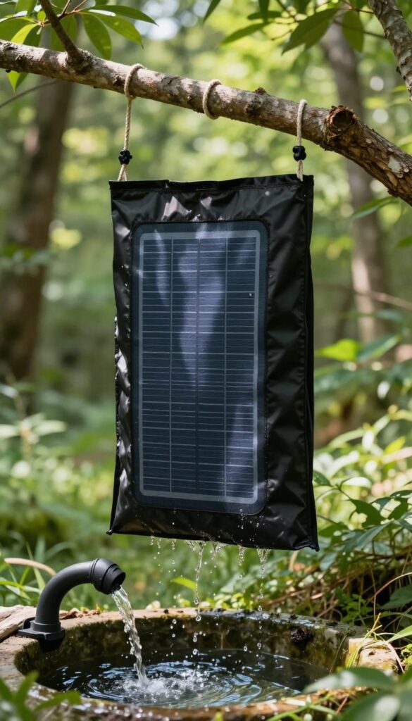 A black solar shower bag hanging from a tree branch at a sunny campsite with water flowing from its nozzle