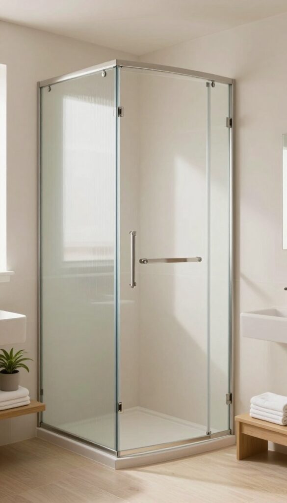 Bright small bathroom with a corner shower enclosed in frosted glass panels and minimal framing, letting soft daylight through while keeping the interior private.