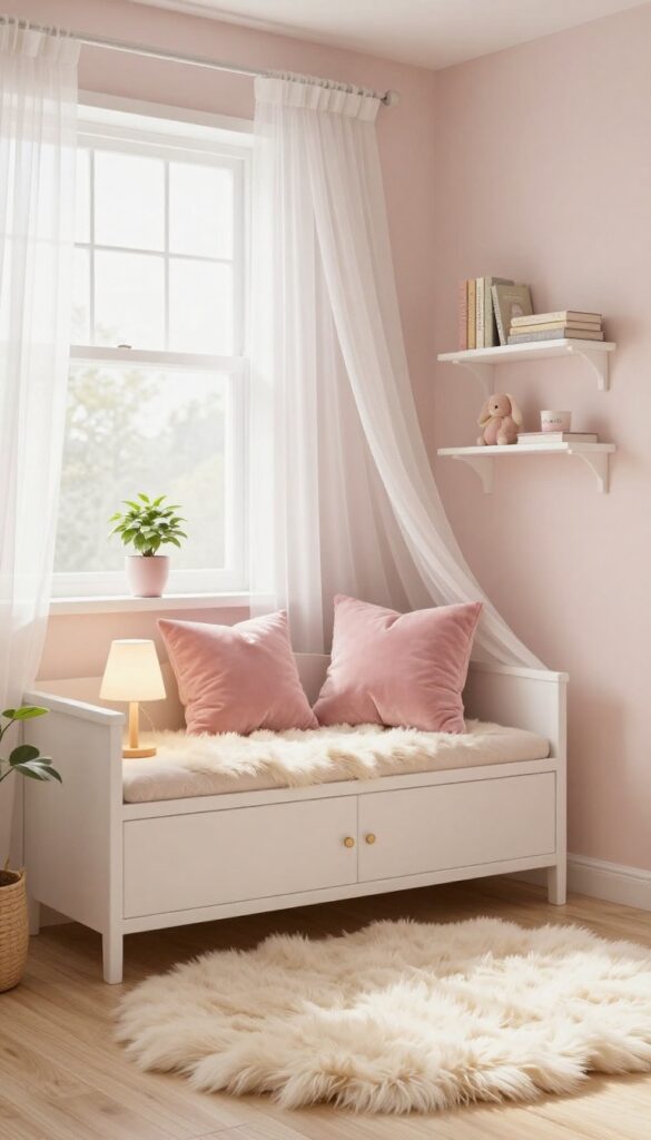 Cozy corner reading nook in a princess kids bedroom with a low storage bench, pink velvet cushions, faux fur rug, floating shelves, and soft natural light from a window.