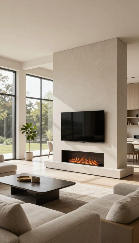 Bright modern living room with a slim linear fireplace and a flat-screen TV mounted above it on a textured stone wall, styled with clean lines and natural light.