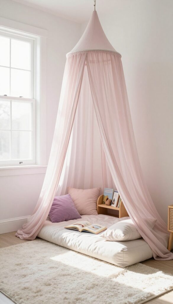 Bright toddler bedroom reading corner with a soft blush canopy, floor mattress, pillows, and a small forward-facing bookshelf in natural light