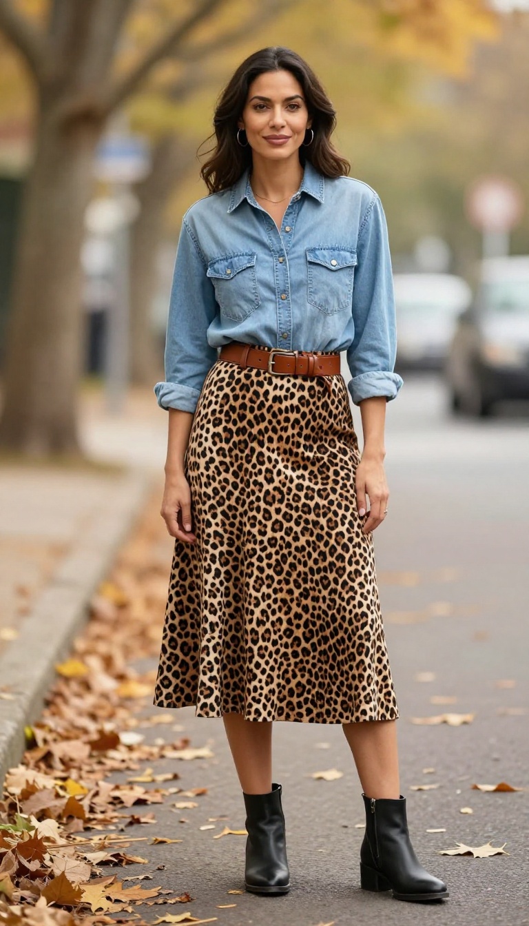 6. Leopard Skirt with a Denim Shirt and Ankle Boots