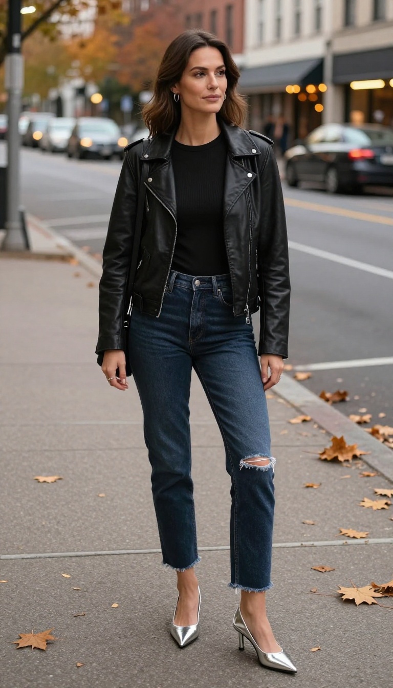 8. Distressed Jeans with Metallic Heels