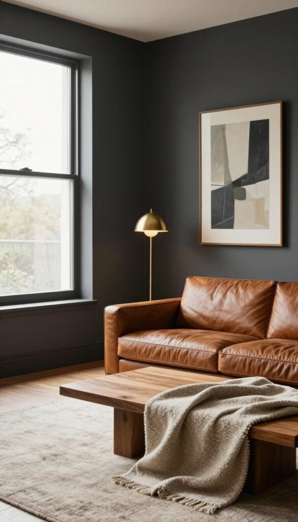 Moody living room with deep charcoal walls, warm wood and leather furniture, brass lighting, and soft natural light