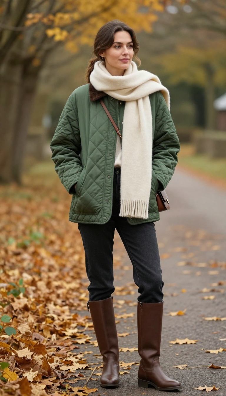 8. Quilted Jacket + Cashmere Scarf + Riding Boots