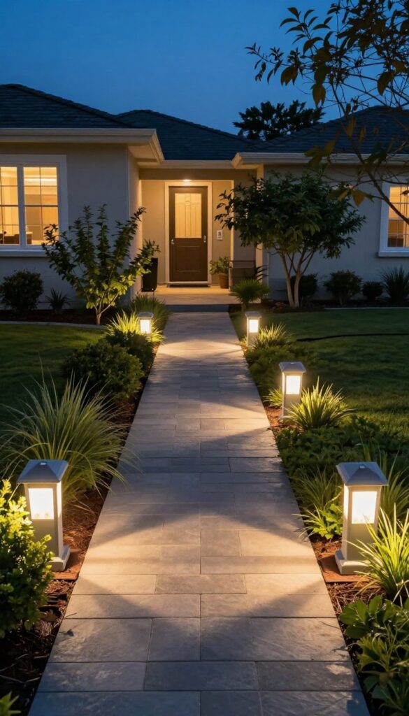 Small front yard at twilight with warm solar pathway lights along a stone walkway and subtle uplights highlighting plants, creating depth and a welcoming atmosphere.