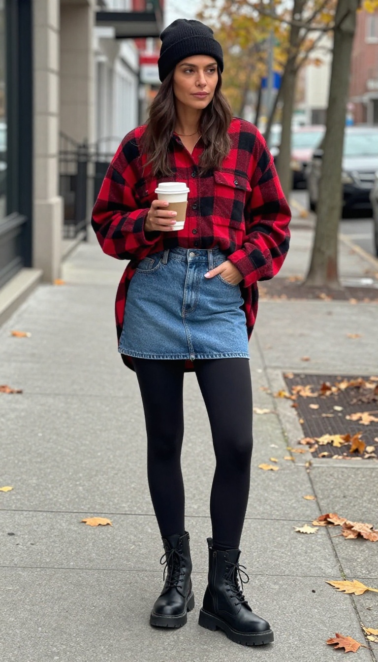 11. Denim Mini Skirt + Oversized Flannel + Leggings