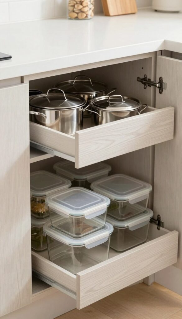Open kitchen base cabinet with a fully extended pull-out drawer holding neatly organized pots, pans, and stacked lids in bright natural light.