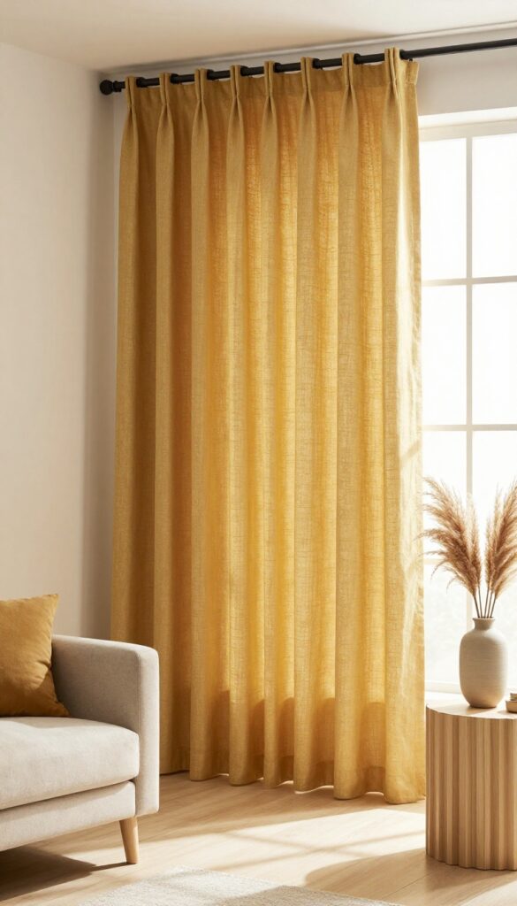Sunlit living room with floor-length golden yellow linen curtains glowing in warm afternoon light, hanging from a high black rod beside a beige sofa