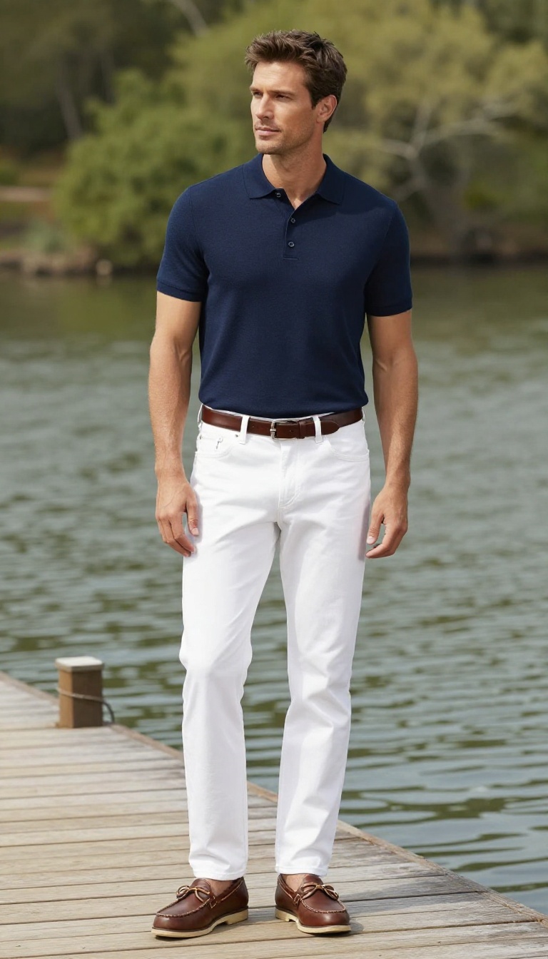 9. Navy Knit Polo with White Jeans and Boat Shoes