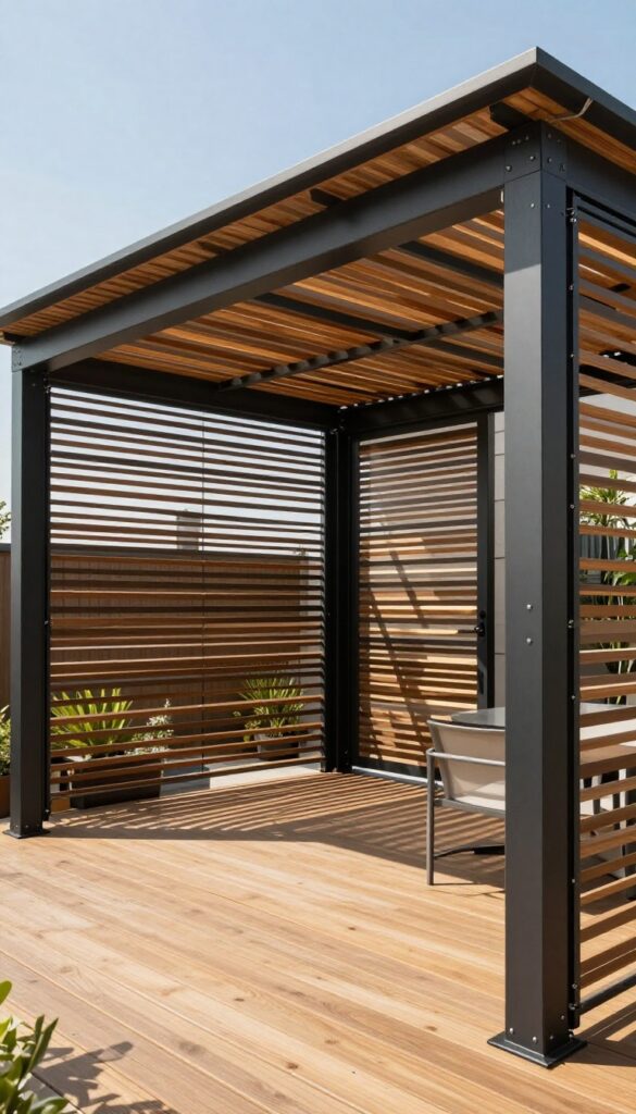 Modern matte black louvered roof system over a sunny backyard deck with angled slats casting soft shadow lines and minimalist outdoor furniture beneath.