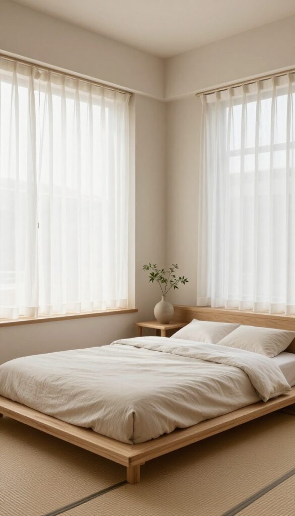 Japanese-inspired bedroom with a very low wooden platform bed frame, neutral bedding, minimal furniture, and soft natural light