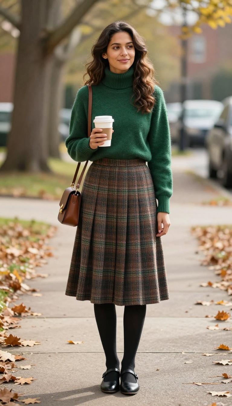4. Plaid Wool Skirt with Turtleneck and Tights