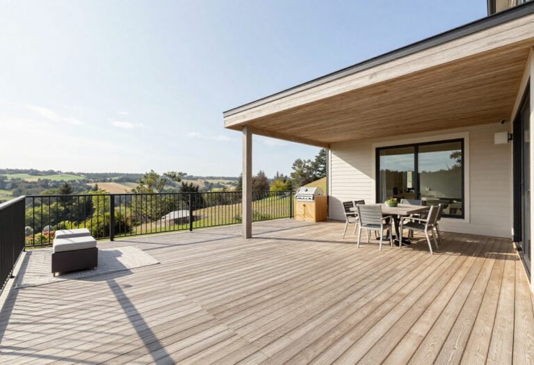 Elevated wraparound wooden deck with distinct lounge, dining, and grill zones overlooking a scenic view in bright natural light