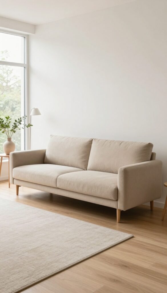 Bright modern small living room with a low-profile beige sofa featuring thin arms and slim visible legs on a light wood floor
