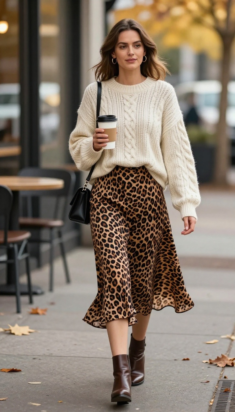1. Midi Leopard Skirt with a Chunky Cable-Knit Sweater