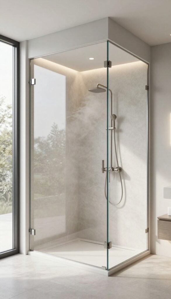 Bright modern stand-up shower with warm wall-mounted lights and a waterproof ceiling fixture creating an open, inviting bathroom space