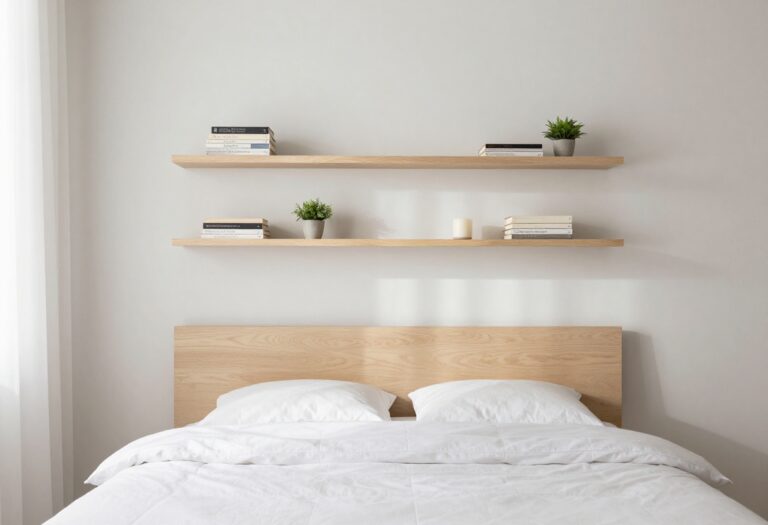 Bright minimalist bedroom with floating wood wall shelves above the bed holding books and small decor for extra storage