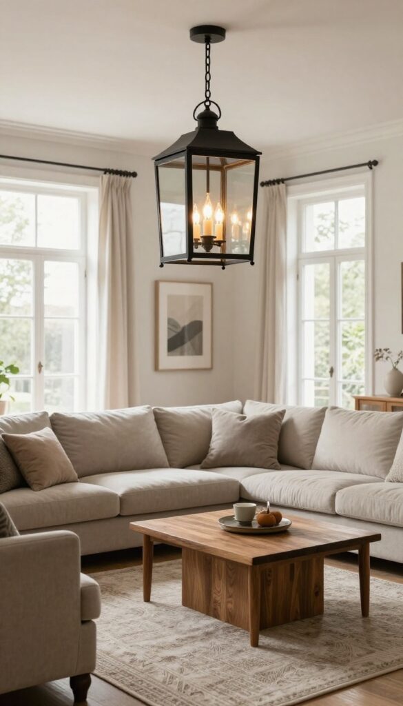 Black iron lantern-style chandelier with warm candle bulbs hanging above a cozy transitional living room seating area with a plush sofa and layered rug in bright natural light.
