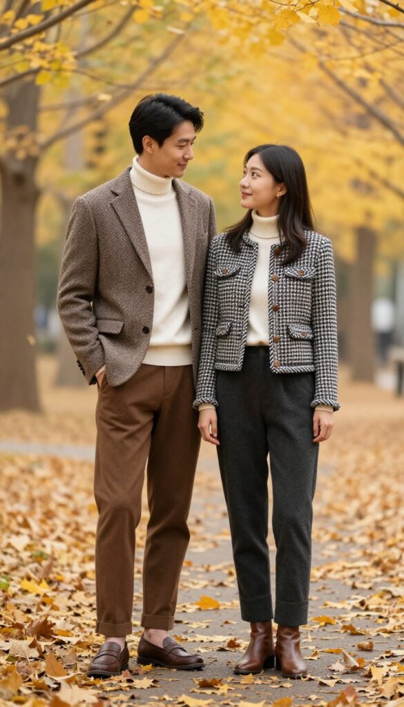 Couple in matching tweed outfits in autumn park