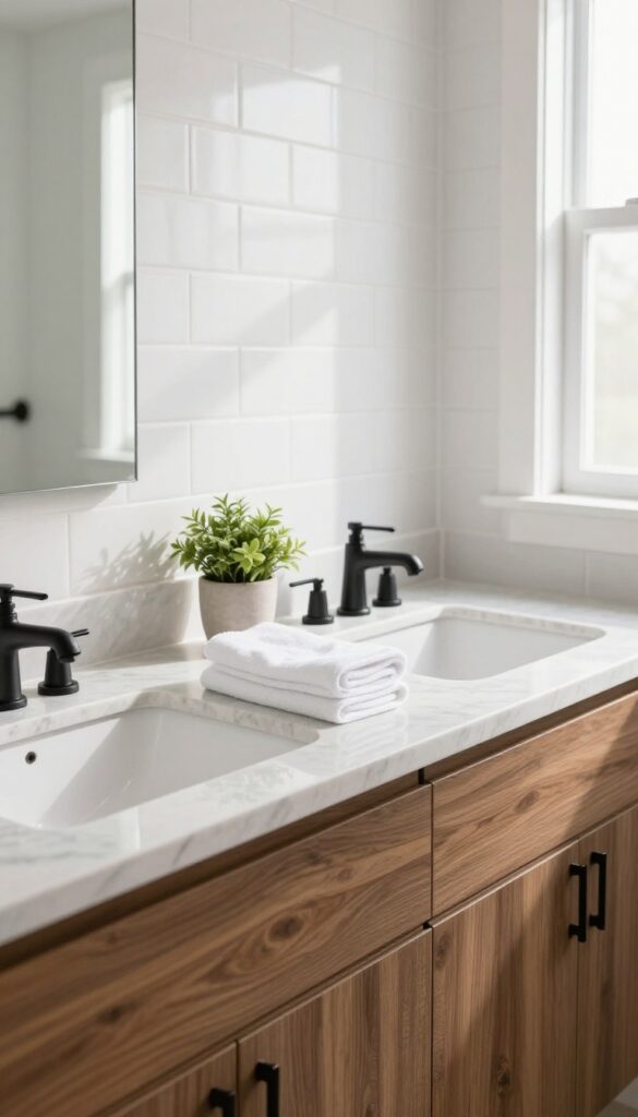 Double sink bathroom vanity with a marble-look countertop and warm walnut wood cabinets in a bright, clean bathroom.