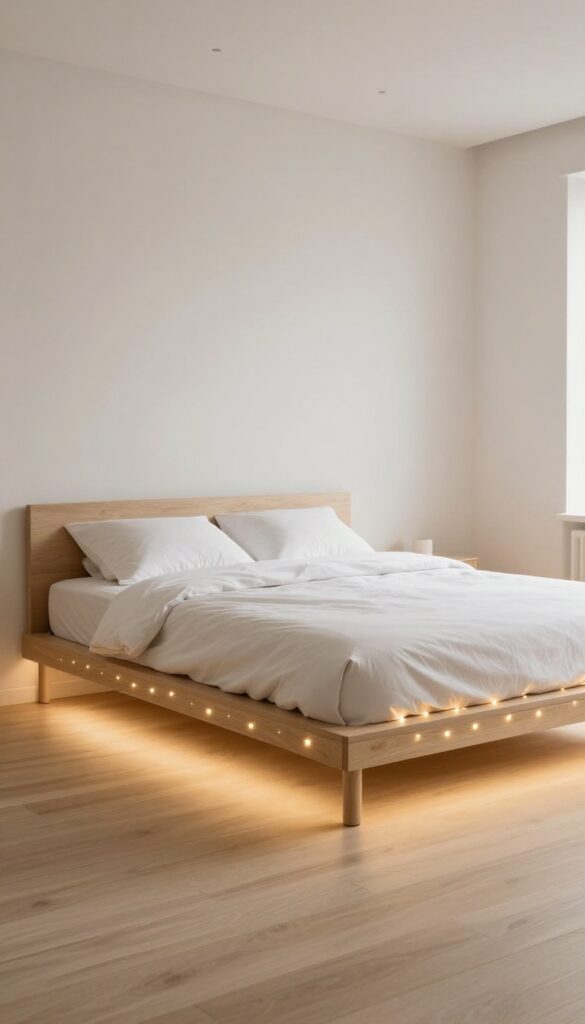 Modern minimal bedroom bed with hidden warm fairy lights under the frame creating a soft floating glow on the floor
