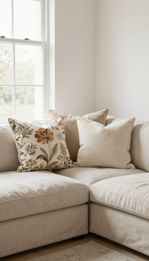 Bright living room sofa styled with neutral solid pillows and floral patterned throw pillows in mixed linen, cotton, and velvet textures, arranged asymmetrically in natural daylight