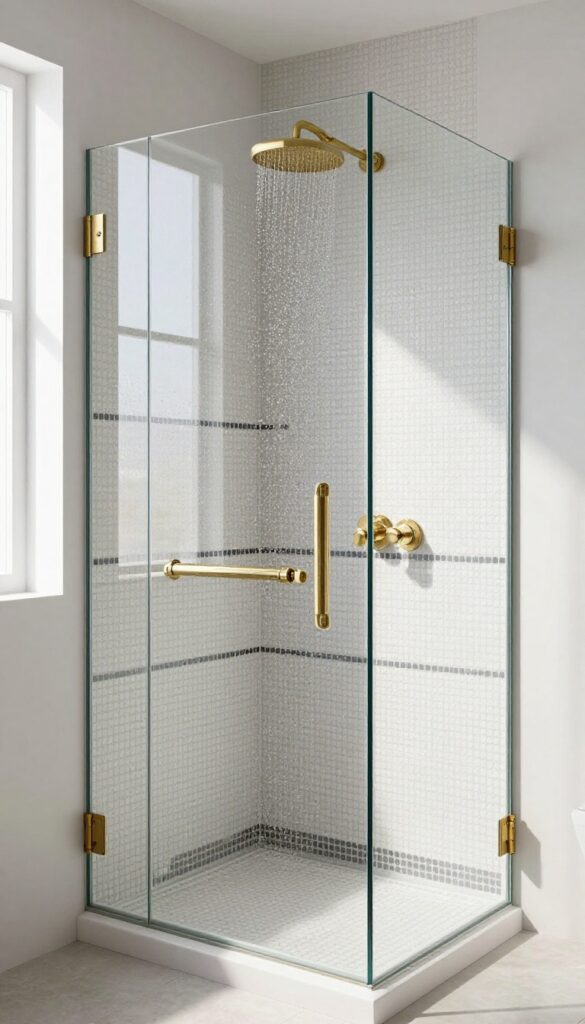 Bright modern bathroom shower with white penny tile floor and dark contrasting grout, accented by brass fixtures and natural light