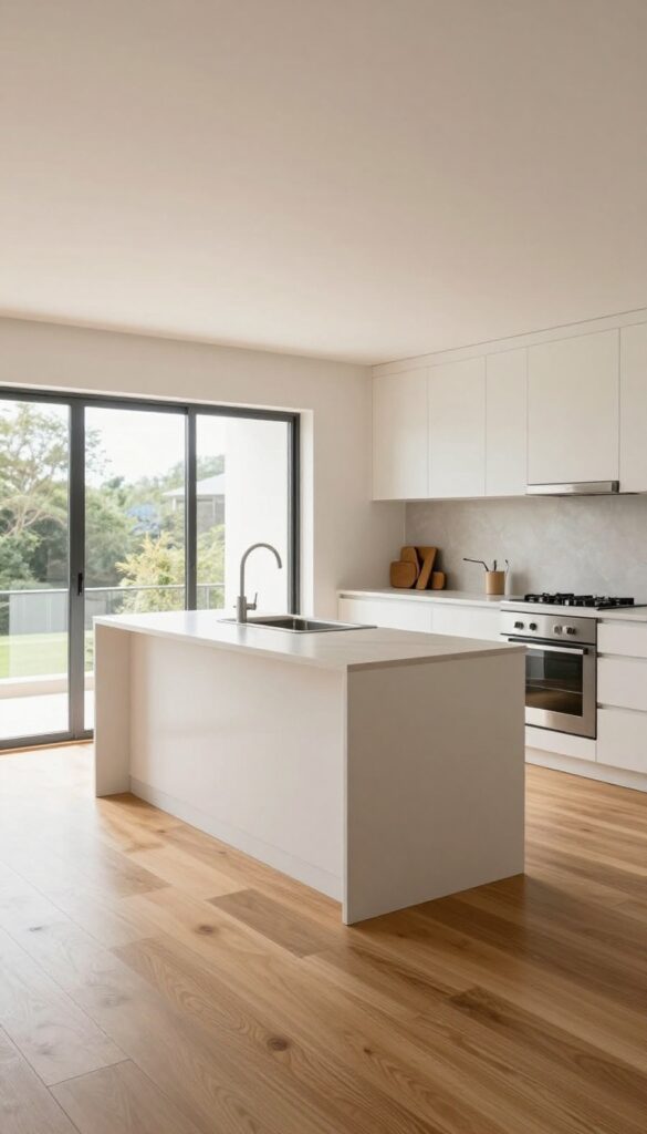 Bright open-concept kitchen and living room with continuous medium-tone wood plank flooring flowing seamlessly throughout the space