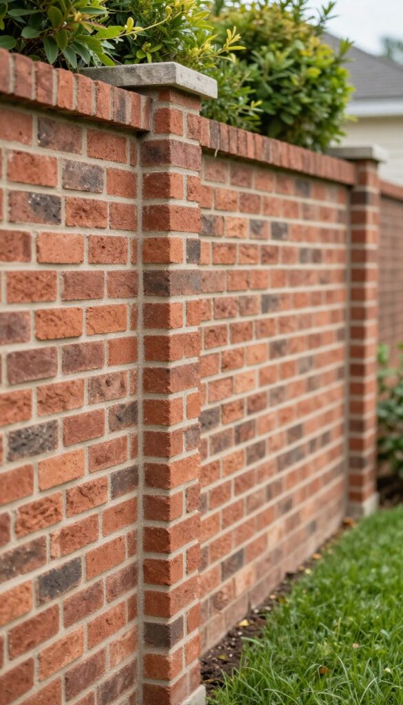 Brick front yard fence topped with contrasting light stone cap accents in bright natural daylight
