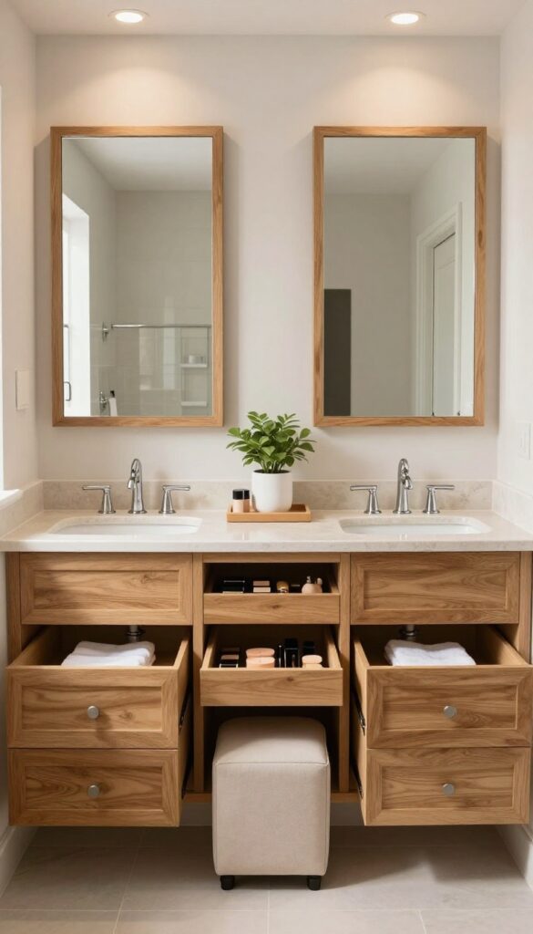Bright double sink bathroom vanity with a center makeup station, slim stool, mirror, and organized drawer storage between the two sinks.