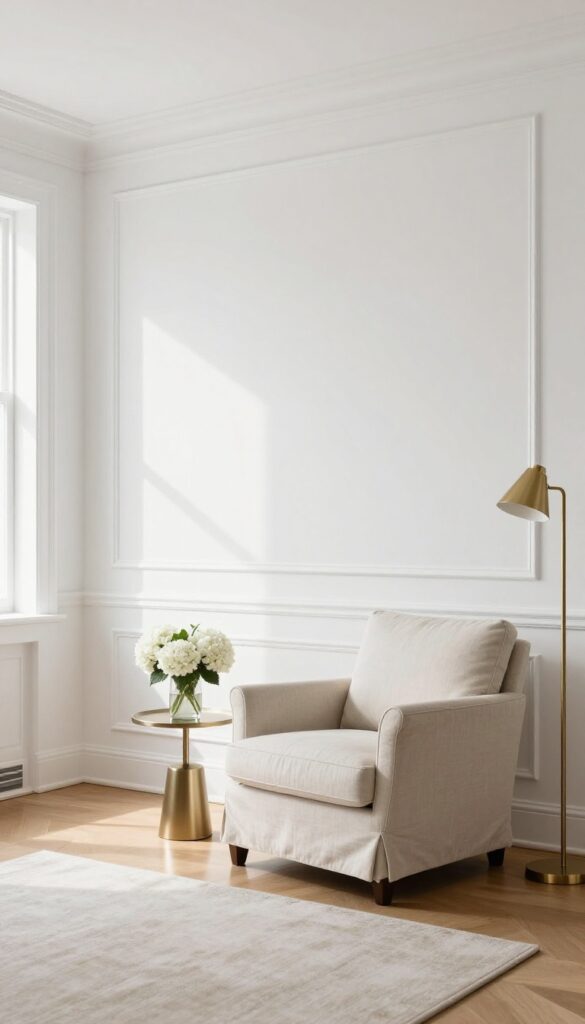 Formal living room wall with traditional white picture frame molding and wainscoting, styled with an armchair, side table, and fresh flowers in bright natural light.
