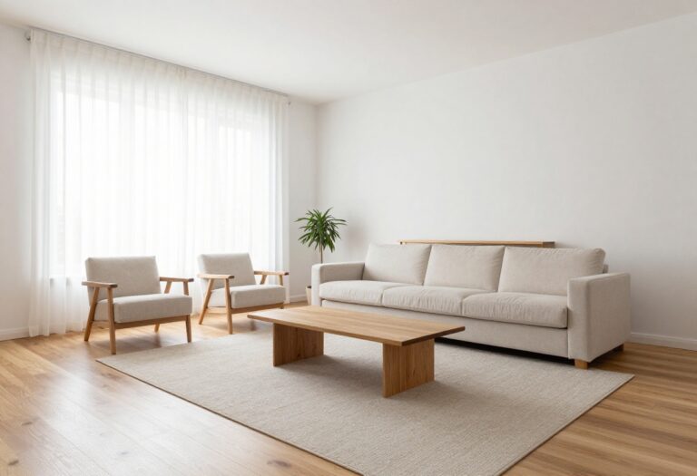 Bright rectangular living room with a floating neutral sofa, large area rug, and balanced seating layout in natural light