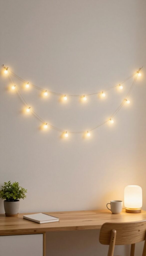 Cozy small bedroom wall decorated with warm white fairy lights shaped into a simple glowing triangle above a wooden desk, creating modern wall art with soft ambient light.