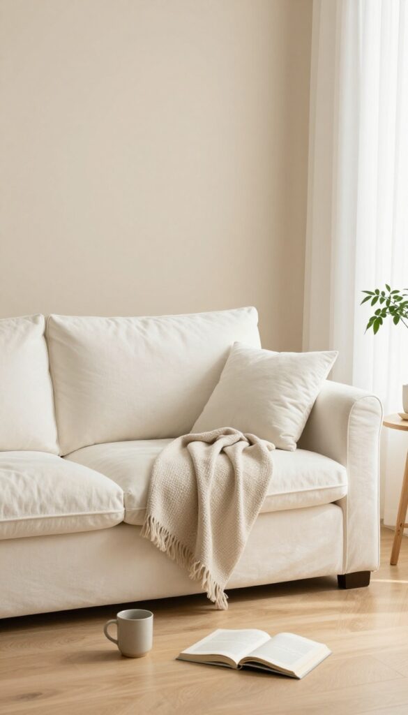 Bright lived-in living room with a relaxed white sofa, casually draped throw, and asymmetrical cushions in natural daylight